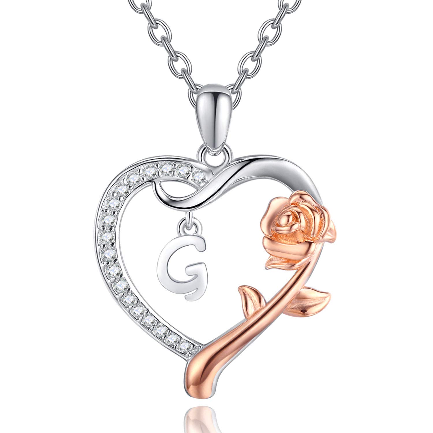 Initial Necklace Sterling Silver Alphabet Roseflower Heart Letter Pendant Necklaces Personalised Jewellery Letter Necklaces Gift for Women Girls (G) — image 1