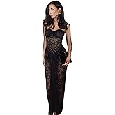 AMPOSSTO Women's Sexy Strapless Mesh Sheer Floral Lace Maxi Dress Off Shoulder Ruched See Through Bodycon for Party Club
