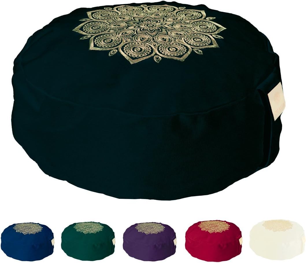 Om Vita Zafu Yoga Meditation Cushion with Washable Cover with 100% Organic Buckwheat Fill and Hand Designed Mandala Applique