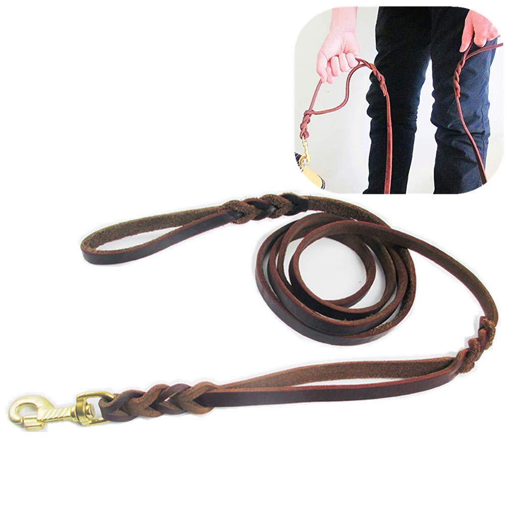 Genuine Leather Dog Leash with Dual Handle - 180cm Heavy Duty Leash Best Walking & Training Two Handle Leash for Large Medium Dogs