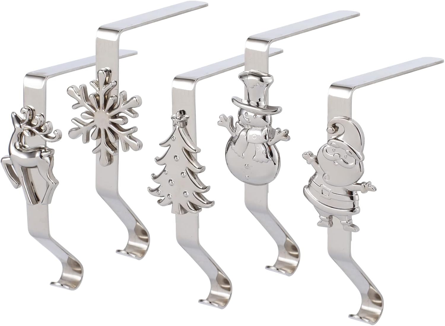 Ornament Hooks - Set of 5 Christmas Stocking Holder for Mantel Silver Christmas Stocking Hangers for Mantel Snowflake Snowman Tree Stocking Hooks for Fireplace Stocking Metal Clip for Christmas Decoration (Silver, 5)