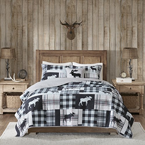Woolrich-Sweetwater-All-Season-Breathable-Coverlet-Bedspread-Bedding-Set-Matching-Shams-KingCal-King110x96-Moose-BlackGrey-4-Piece