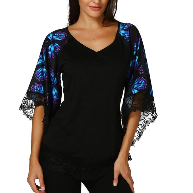 UFACE Lady Butterfly Spitzenoberteil Womens Schmetterlings RaglanäRmel T Shirt mit Spitzenbesatz Top Bluse