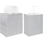 Oikss 100 Pack 8x4.75x10 Inch Medium Gray Kraft Paper Bags with Handles Bulk for Birthday Wedding Party Favors Grocery Retail Shopping Business Goody Craft Gift Bags Sacks (Silver Grey 100pcs Count)