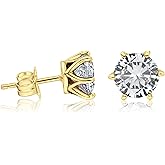 Stud Earrings with White CZ Gemstone in 14k Yellow Gold Plated - December Birthstone Round 7mm Natural Cubic Zirconia Stone Studs, Handmade Earrings, Simple Dainty Jewelry Birthday Gift for Women