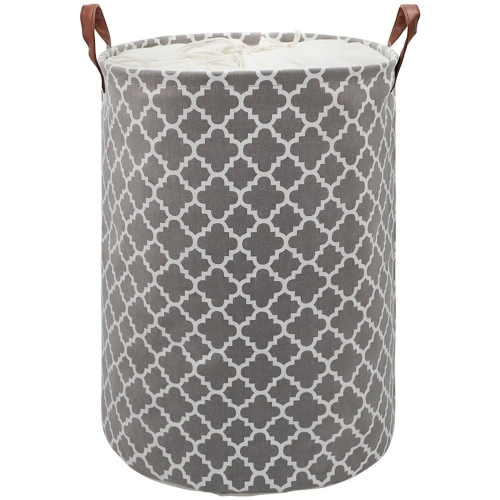 Maxsilan 60L Large Laundry Basket with Drawstring, Collapsible Laundry Hamper with Handle, Round Folding Washing Storage for Bedroom, Bathroom, College Dorm, Grey