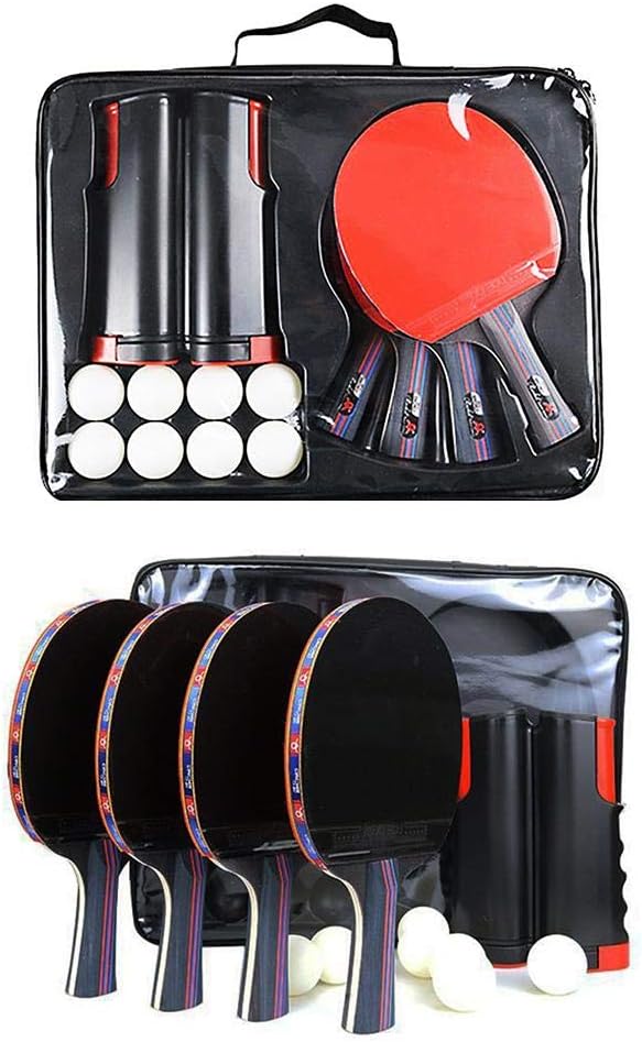 Youbeny Portable Table Tennis Set, Ping Pong Paddle Set with Retractable Net, Table Tennis Accessories for Home Indoor or Outdoor Play (4 rackets+ 8 balls)