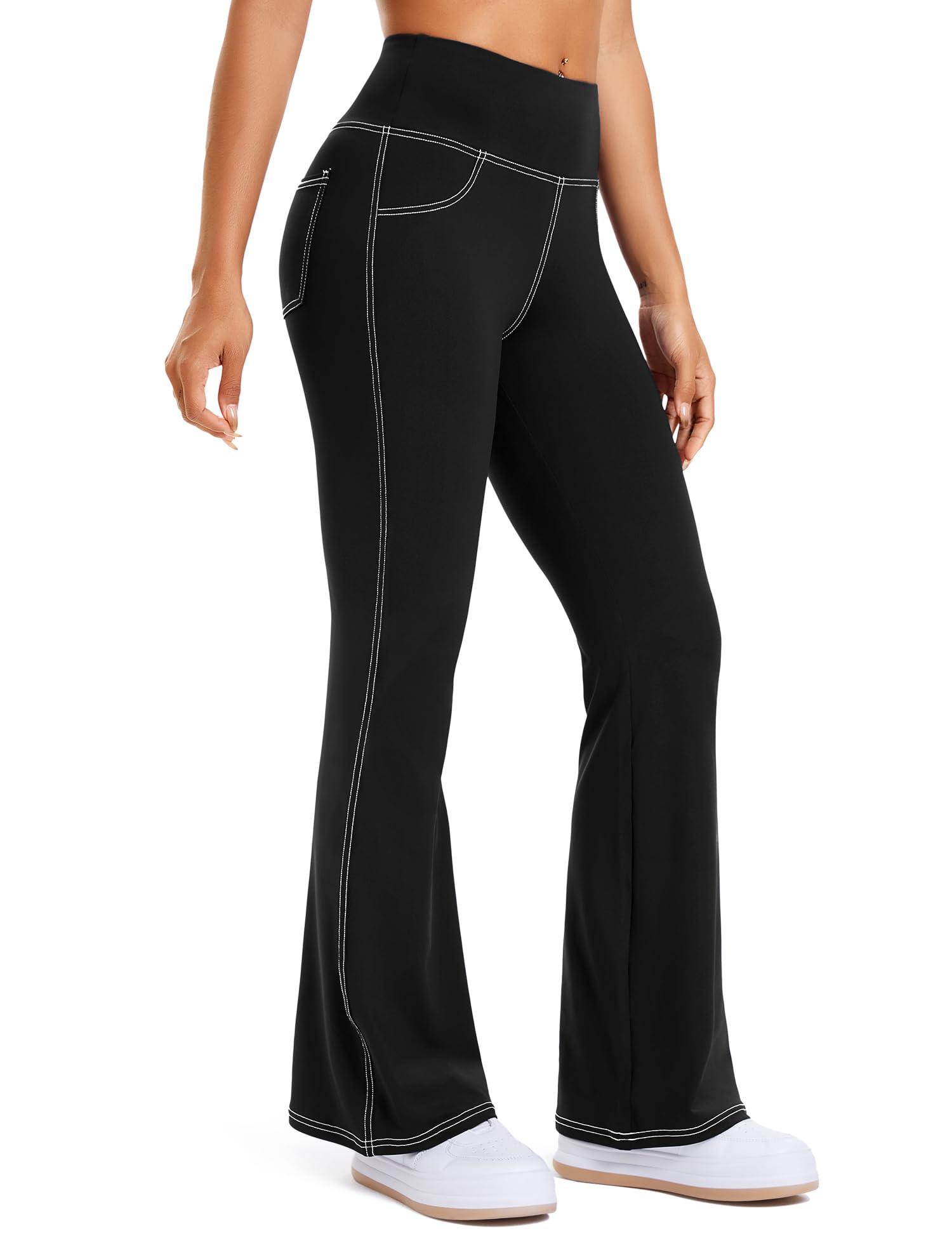 DemonQueen Women's Flare Yoga Pants,High Waisted Tummy Control Fitness Yoga Pants,Bootcut Pants for Women (US, Alpha, X-Large, Regular, Regular, Black-White Line)