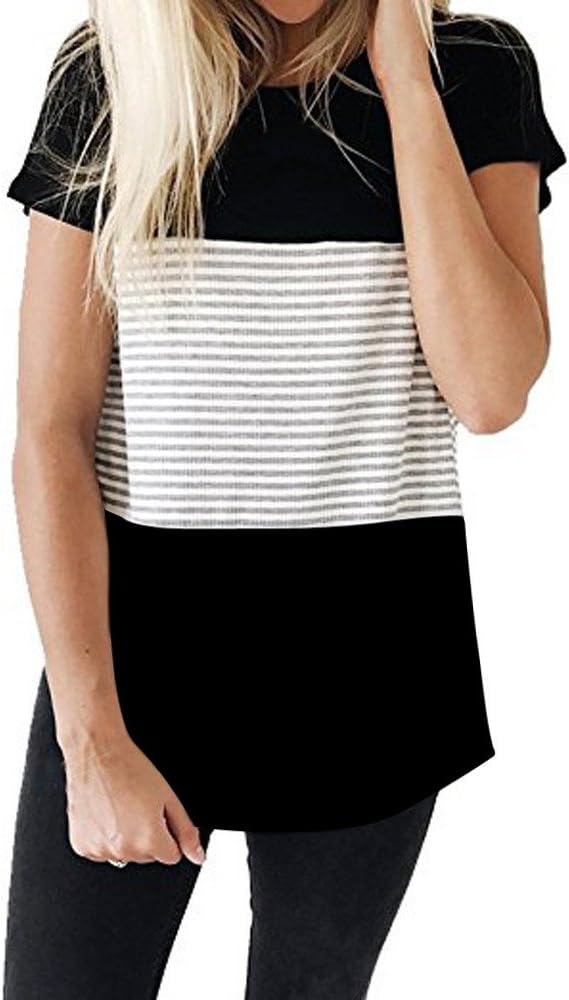 FONMA Women Fashion T-Shirt Short Sleeve Triple Color Block Stripe Casual Blouse