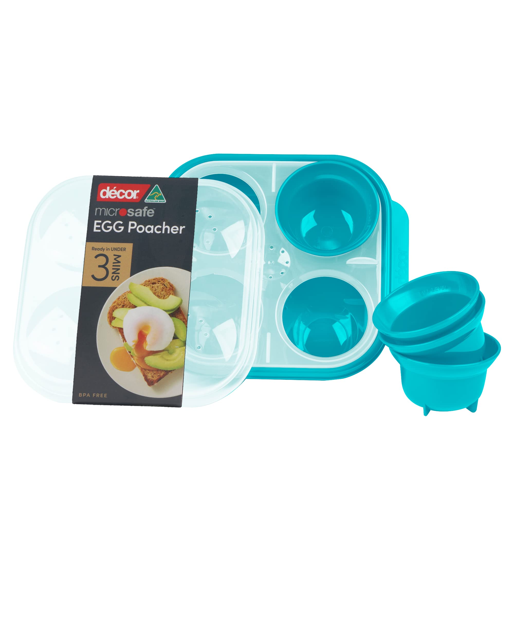 Décor Microsafe Microwave Steam Egg Poacher. Cooks 1-4 Eggs at Once in Under 3 Minutes. BPA Free and Fully Dishwasher and Freezer Safe. with Safety Hold Handles and steam Release Vents. Teal.