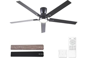 Sevenine 60 Inch Black Flush Mount Ceiling Fans with Lights and Remote, Black Low Profile Ceiling Fan for Bedroom Living Room Patio/Outdoor, Quiet 6 Speed Reversible DC Motor, 3CCT, Dimmable, 3 Timers