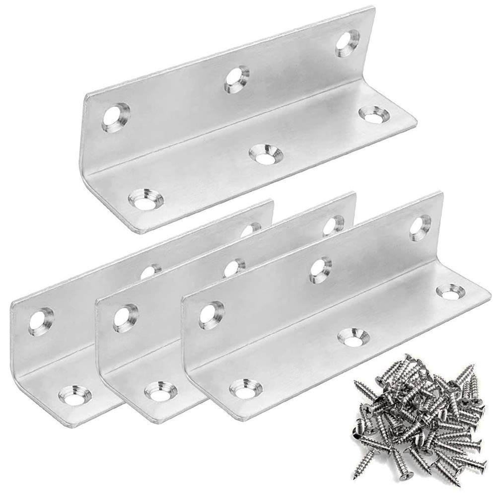 Stainless Steel Corner Brace L Bracket for Wood - Heavy Duty Metal Corner Brackets 100x25x25mm, 90 Degree Angle Brackets for Shelves, Pergola, Cabinets, Fence, Raised Beds, 4 Pack, Silver