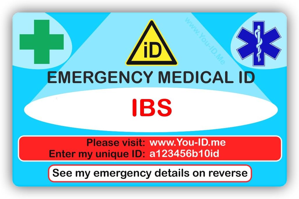 IBS Irritable Bowl Emergency Medical ID Wallet Card. Lifetime Access to You ID Me. Informs Paramedics Fast in case of Emergency. Free 90 Day Alert My Contacts Trial. Smartphone Friendly Globally