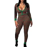 Springcmy Women Valentine's Deep V-Neck Jumpsuit Long Sleeve One Piece Bodycon Romper Pajamas Sleepwear Bodysuit Loungewear