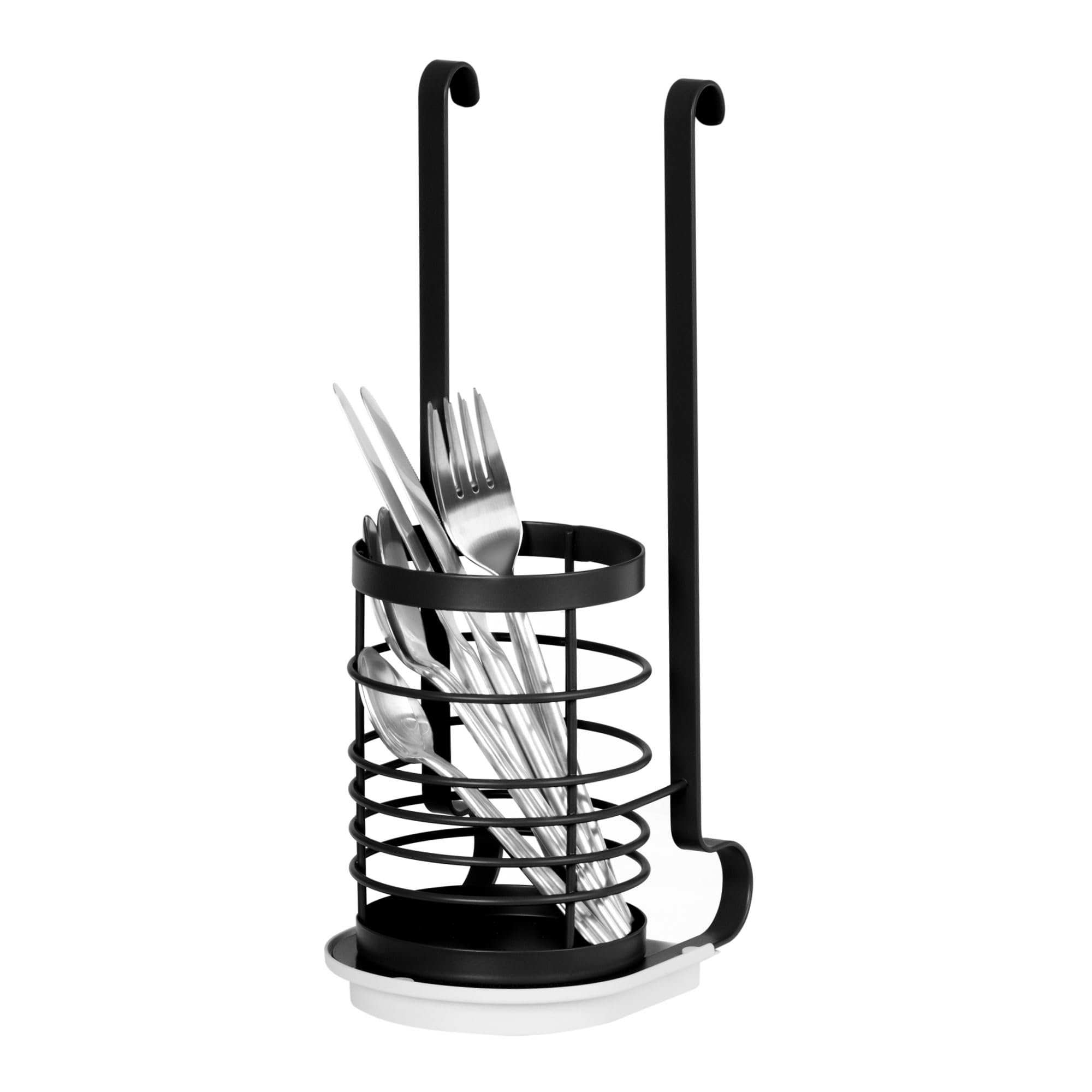 LIVIVO Hanging Storage Utensil Holder For Kitchen Rail Shelf Dish Drain Tray Plates Bowl Tumbler Glasses Cutlery Knives Pots Paper Towel Rack (Utensil Holder, Black)
