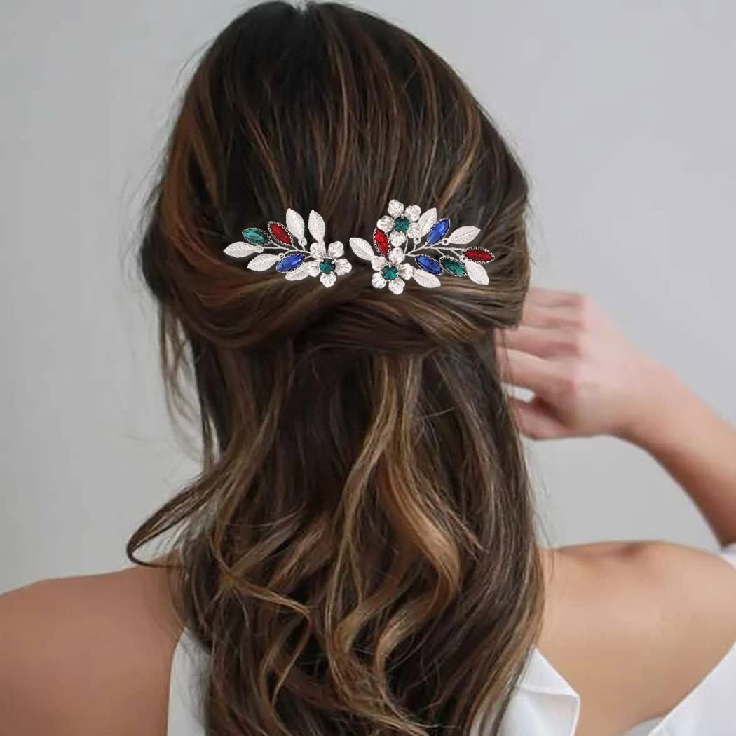 IYOU 2 Pcs Bridal Wedding Hair Pins Flower Silver Headpiece Sparkly Crystal Hair Piece Prom Party Hair Accessories for Women