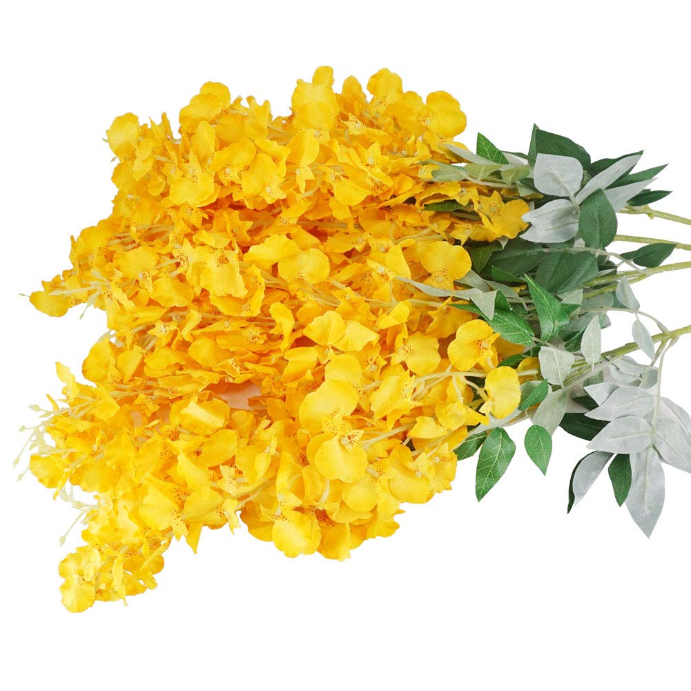 LESHABAYER Artificial Orchid Flowers, 4pcs 43" Hand-Crafted Dancing Flower Lady Orchids Fake Silk Oncidium Floral for Indoor Outdoor Home Wedding Garden Office Decoration (Yellow)