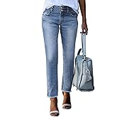 Sidefeel Women's High Waisted Jeans Strechy Fashion Raw Hem Straight Leg Ankle Denim Pants with Pockets