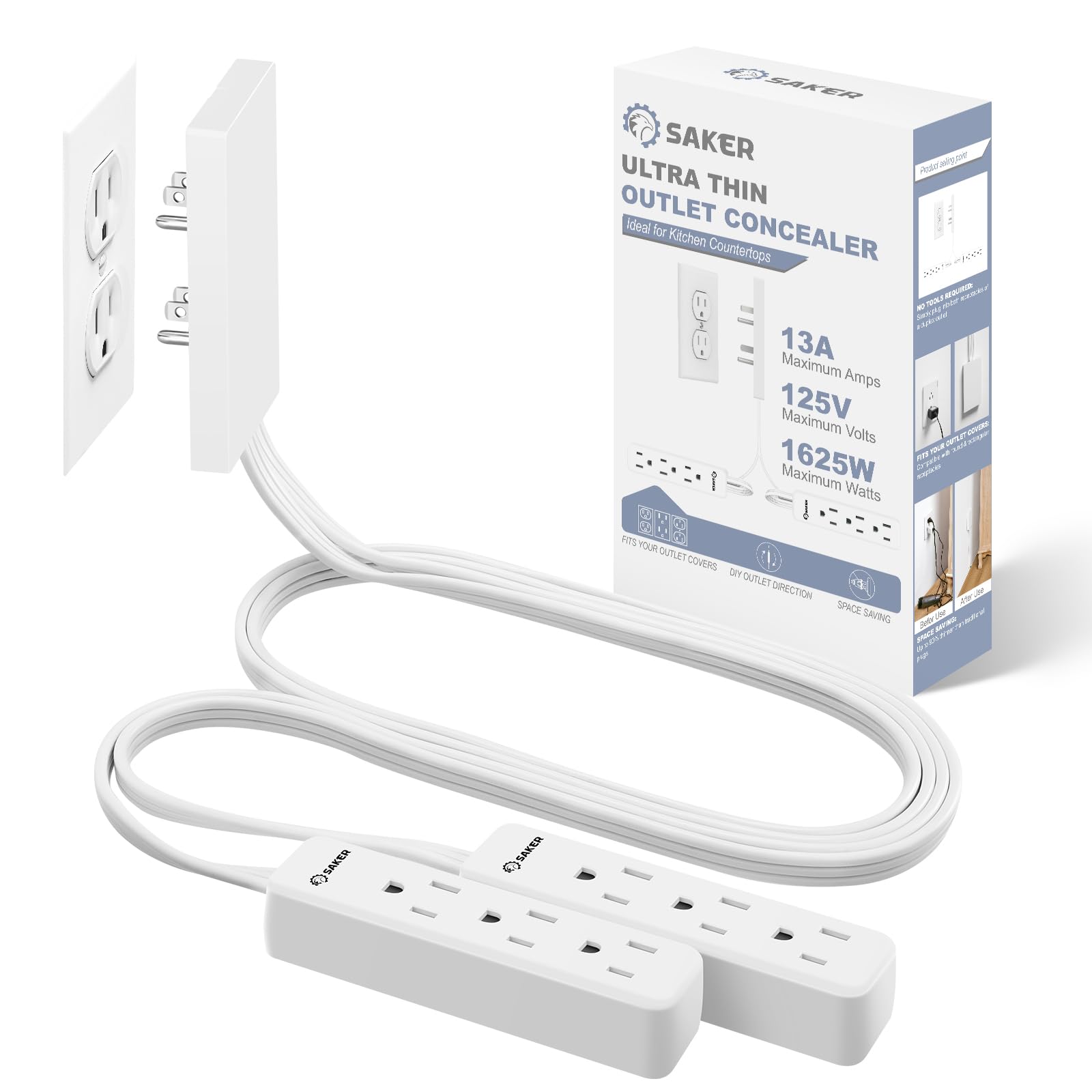 Photo 1 of Saker Dual 5ft Flat Extension Cord with 6 Outlets, 1625W | Outlet Cover Extension Cord, Flat Plug, Baby Proof, Universal Size for Home, Kitchen, Office | Safe Outlet Concealer