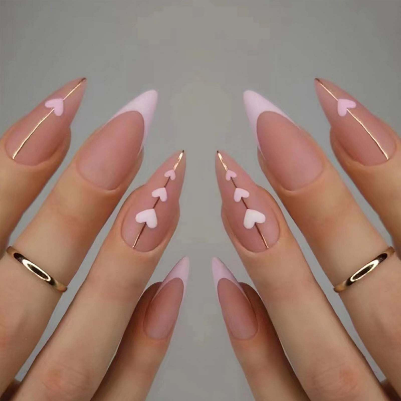 Medium Press on Nails Almond Fake Nails Pink French Tip False Nails with Heart Design Cute Acrylic Nails Full Cover Artificial Nails Glue on Nails Stick on Nails for Women Manicure 24Pcs