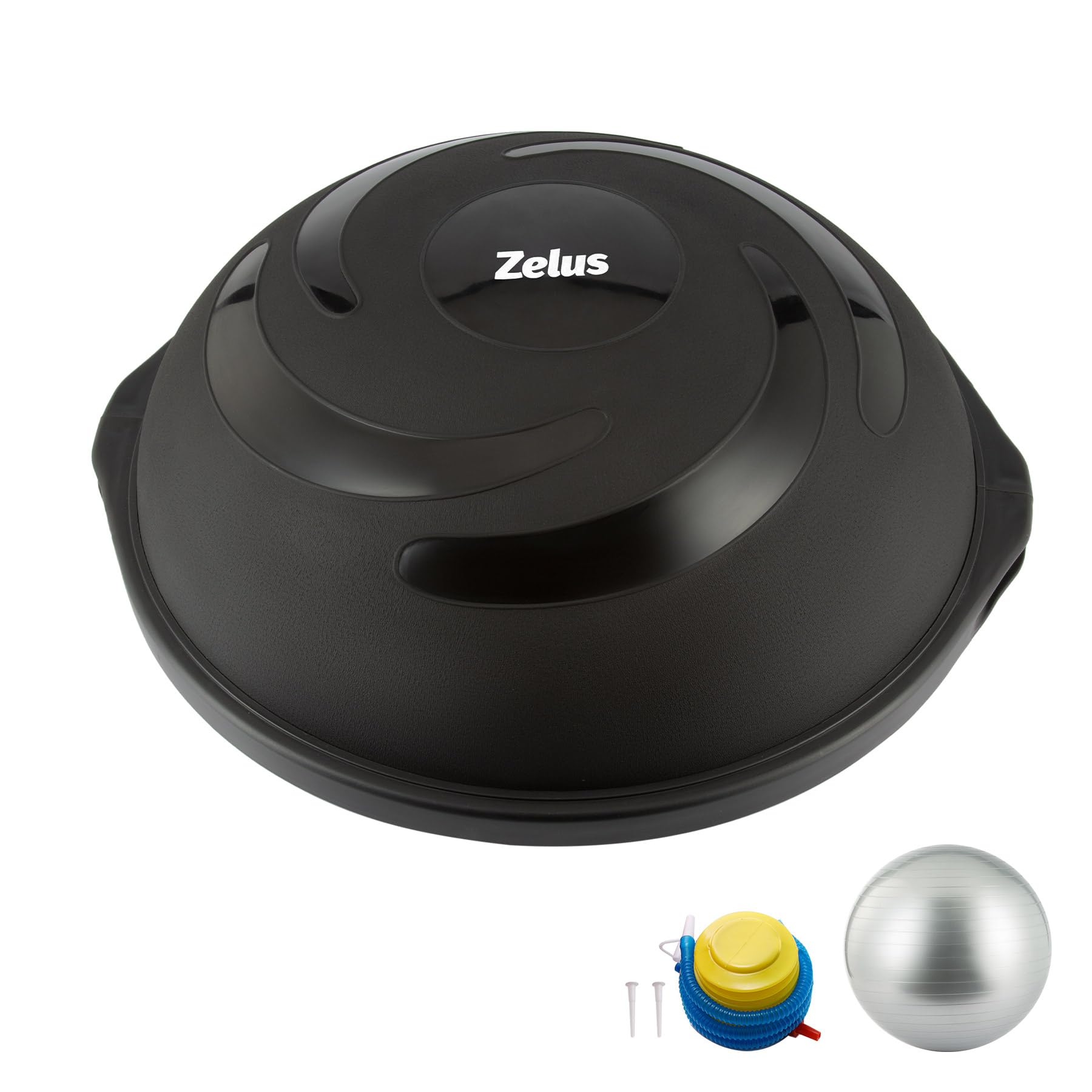 Photo 1 of ZELUS 25in. Balance Ball | 1500lb Inflatable Half Exercise Ball Wobble Board Balance Trainer w Nonslip Base | Half Yoga Ball Strength Training Equipment w 2 Bands, Pump, Extra Ball Included (Black)