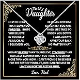 To My Daughter Necklace from Dad– 14k White Gold Over Stainless Steel, Love Knot Pendant with Message Card – Gift for Daughter Christmas Birthday Graduation – Mahogany LED Box or Standard Box Option