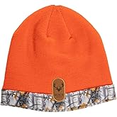 Calhoun Busch Light Blaze Orange Knit Beanie – Warm Winter Hat with Camo Trim and Leather Logo Patch
