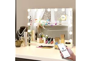 LilyHome 22.8"x 18.1" Vanity Mirror Makeup Mirror with Lights,10X Magnification,Large Hollywood Bluetooth Lighted Vanity Mirror with 15 LED Bulbs & Speaker,3 Color Modes,Touch Control for Wall-Mounted