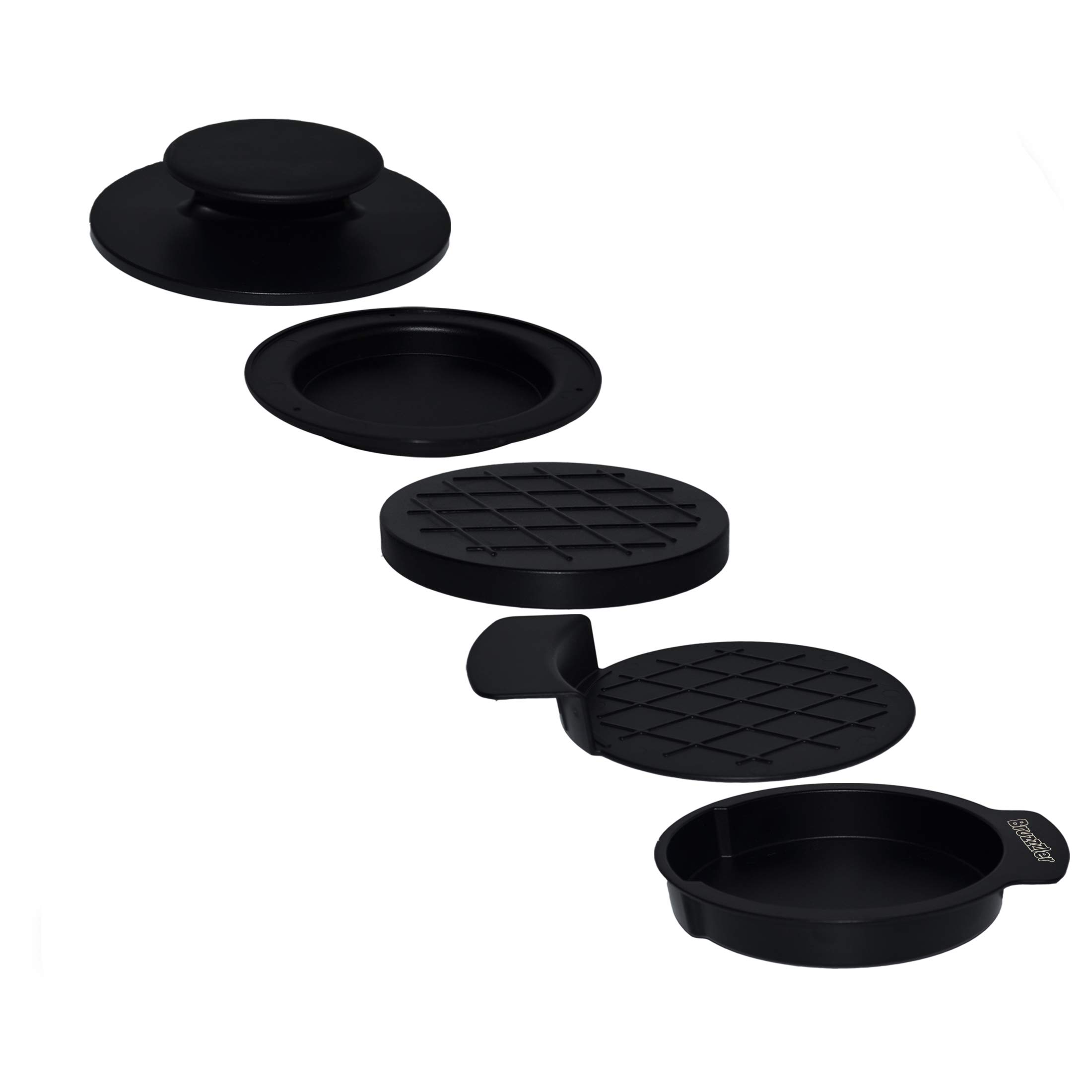 Bruzzzler burger press set, 5 parts plus 50 sheets of non-stick paper, for making thin Normal or Stuffed Hamburger Patties with Your own Ingredients, Dishwasher-Safe, Black