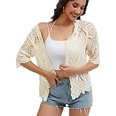 Women's Lace Cardigan Floral Crochet Sheer Beach Cover Ups Long Kimono with Half Sleeves