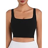 Sunzel Square Neck Longline Sports Bra with Removable Pads Built in Bra Workout Crop Tank Top Wide Strap Short Yoga Camisole