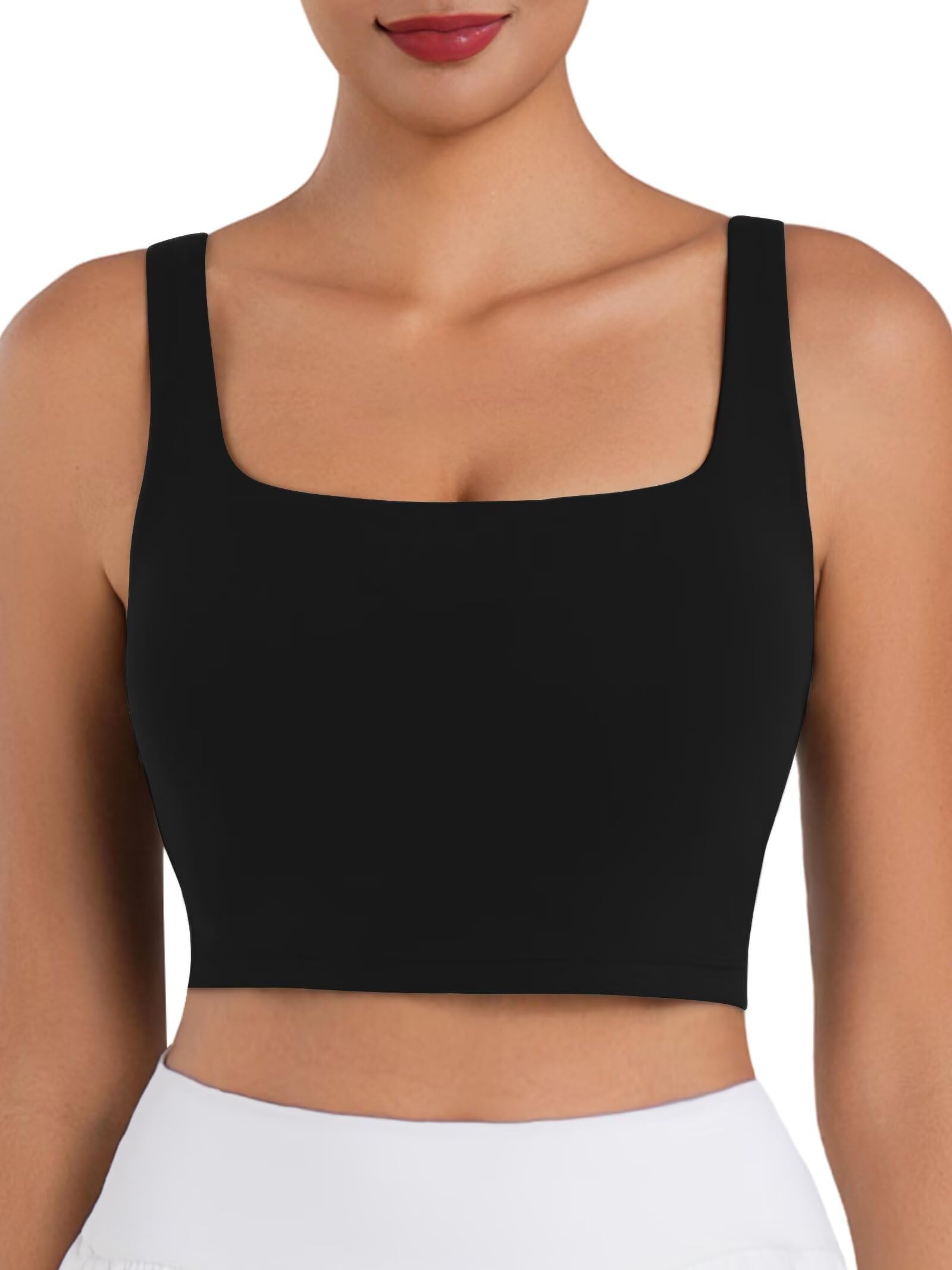 Photo 1 of Sunzfly Square Neck Longline Sports Bra with Removable Pads Built in Bra Workout Crop Tank Top Wide Strap Short Yoga Camisole Black