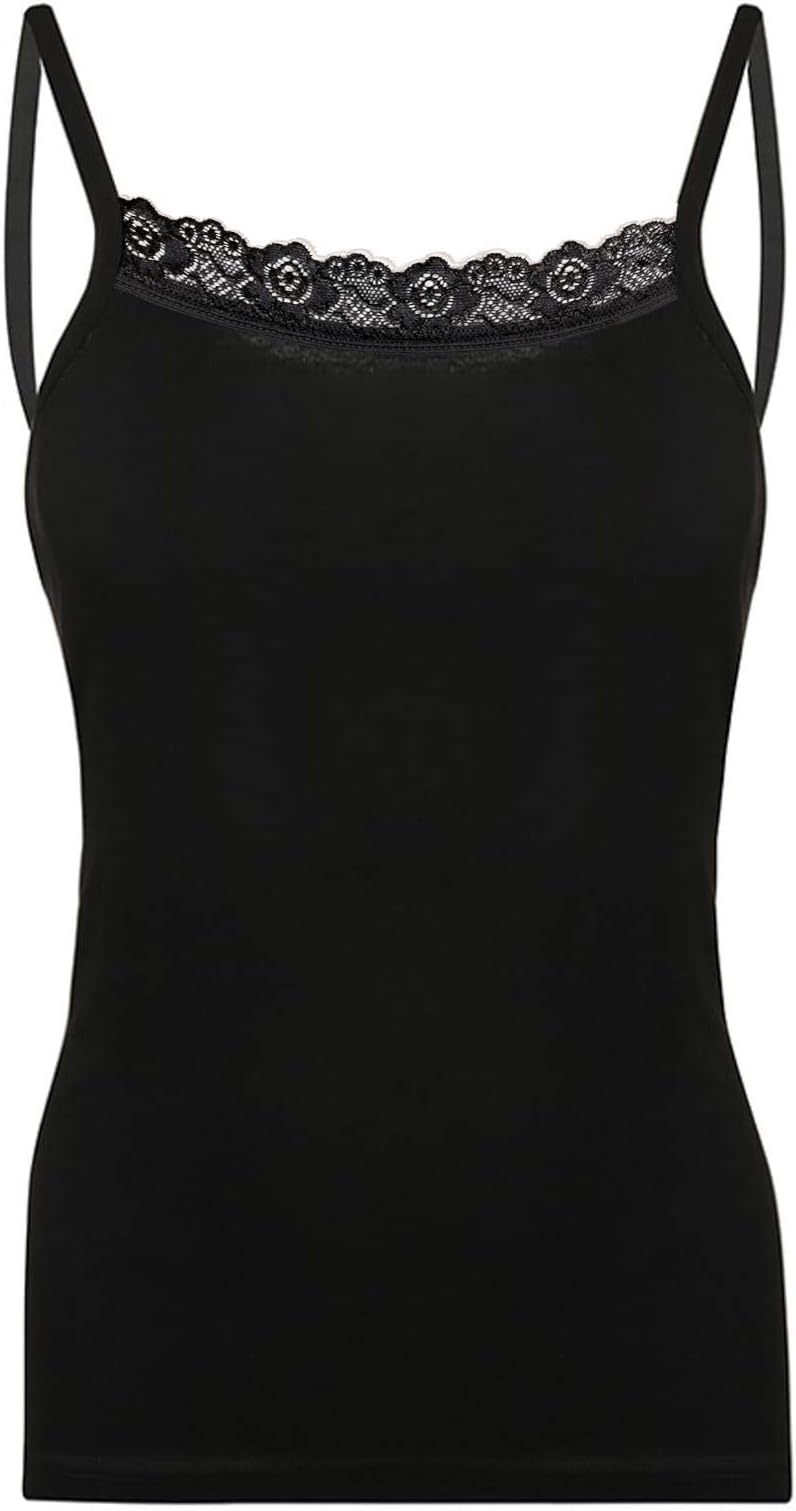 NBB Womens Basic Spaghetti Strap Lace Trim Tunic Cotton Tank Top with Stretch
