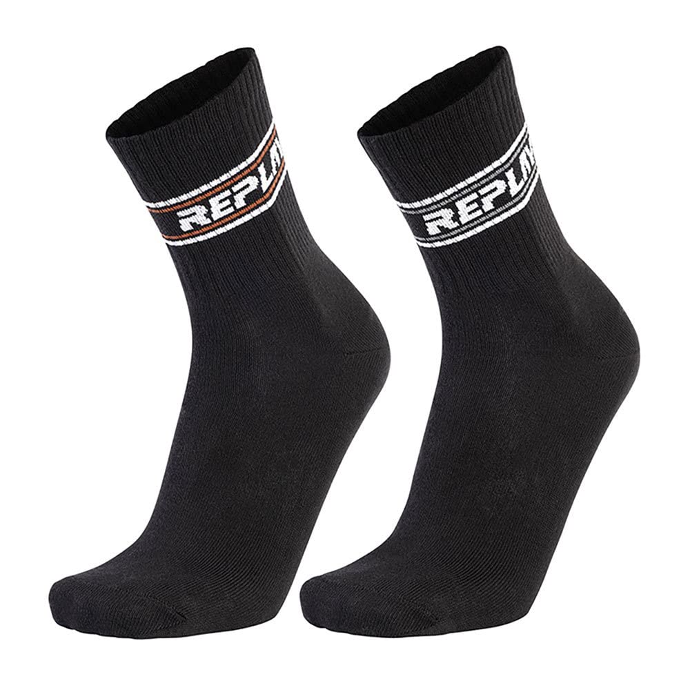 REPLAY C100799-001-N191 SHORT TENNIS half terry Logo&Two Stripe 2Prs Banderole Socks Unisex BLACK/BLACK Size 35/38