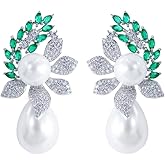 CWWZircons Luxury Pearl Drop Dangle Earrings, Silver Plated Crystal Flower with Green Marquise Cubic Zirconia Leaves, Wedding Engagement Party Jewelry