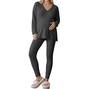 Locoowai Women's Maternity Lounge Set 2 Piece Outfits | Pregnant Woman Matching Set, PregnancyClothing Set, Long Sleeve Side