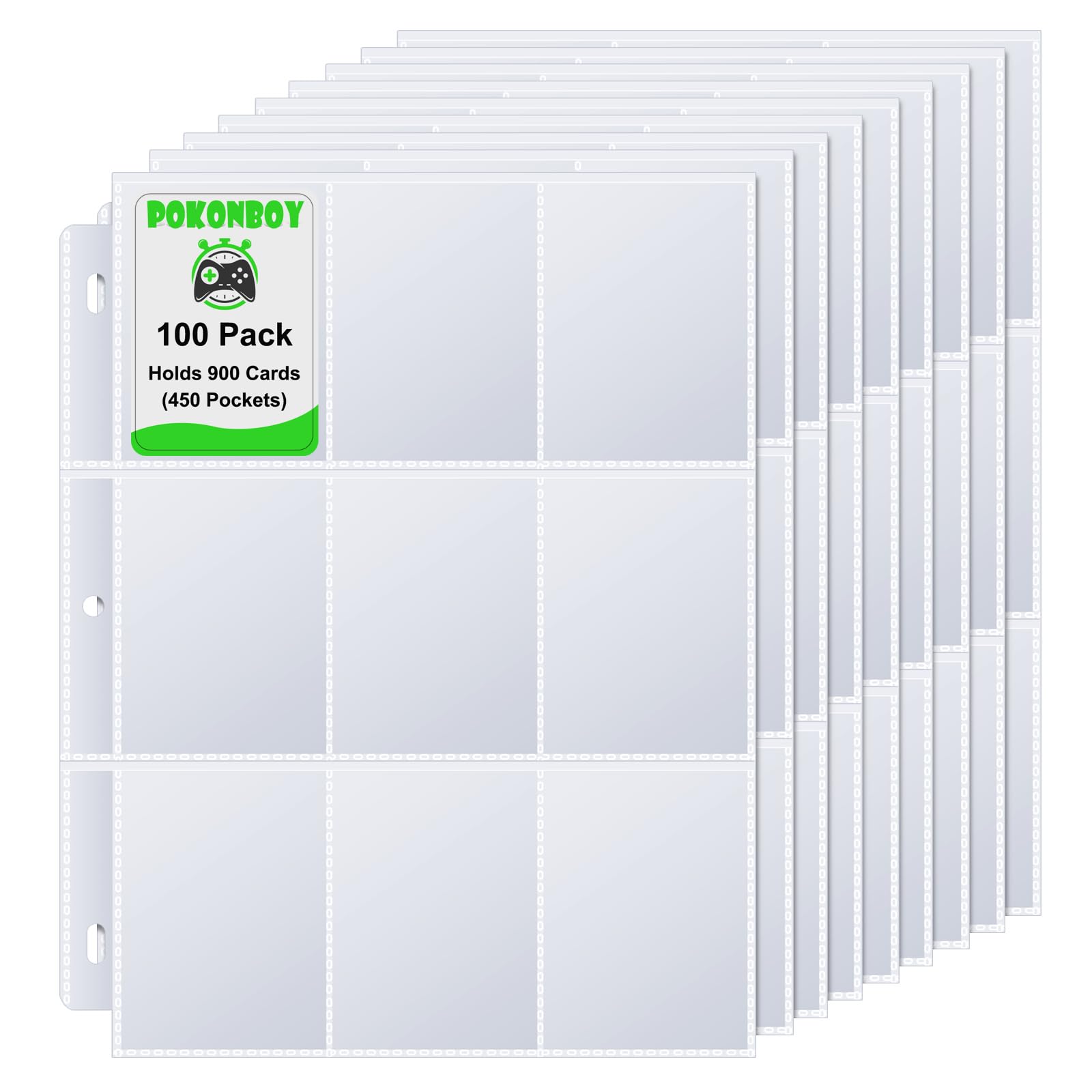 Photo 1 of 100 Pack 9-Pocket Trading Card Sleeves Binder Sheets, Trading Card Sleeves for 3 Ring Binder, Protector Pages for Baseball, Sports, Game, Business Cards