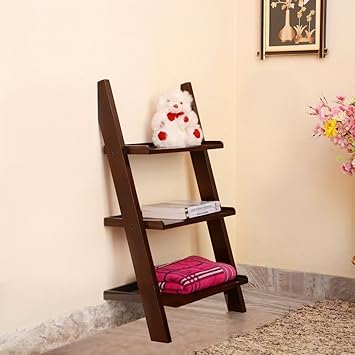 Strata Furniture Wooden Brown Ladder Shape 3 Tier Designer Book Shelf Wall Rack Shelf