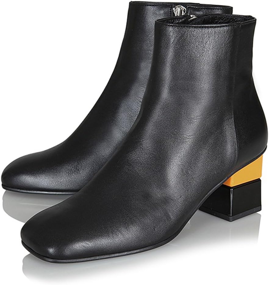 Yuul Yie Genuine Leather Square Toe Middle Square Color Block Heel Pumps for Women