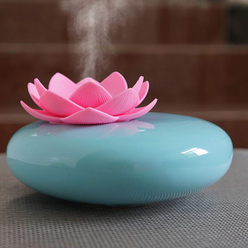 Ceramic Essential Oil Diffuser, Cute Decorative USB Aromatherapy Diffusers Lotus Flower Humidifier Crafts Ornaments, 12 Hours Timer for Home Bedroom Office Yoga SPA (Blue Pink)
