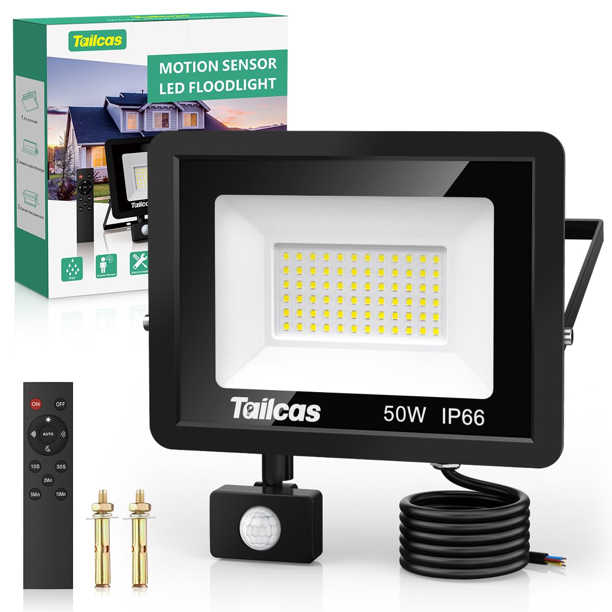Tailcas 50W Security Lights with Motion Sensor, 4500LM PIR Security Light, IP66 Waterproof Outdoor Lights with Remote Control, Outside Floodlights for Garden, Backyard, Garage, Black