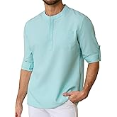Snullo Mens Henley Shirts Long Sleeve Dress Shirt Business Work Office Shirt Summer Beach Cocktail T-Shirts with Pocket