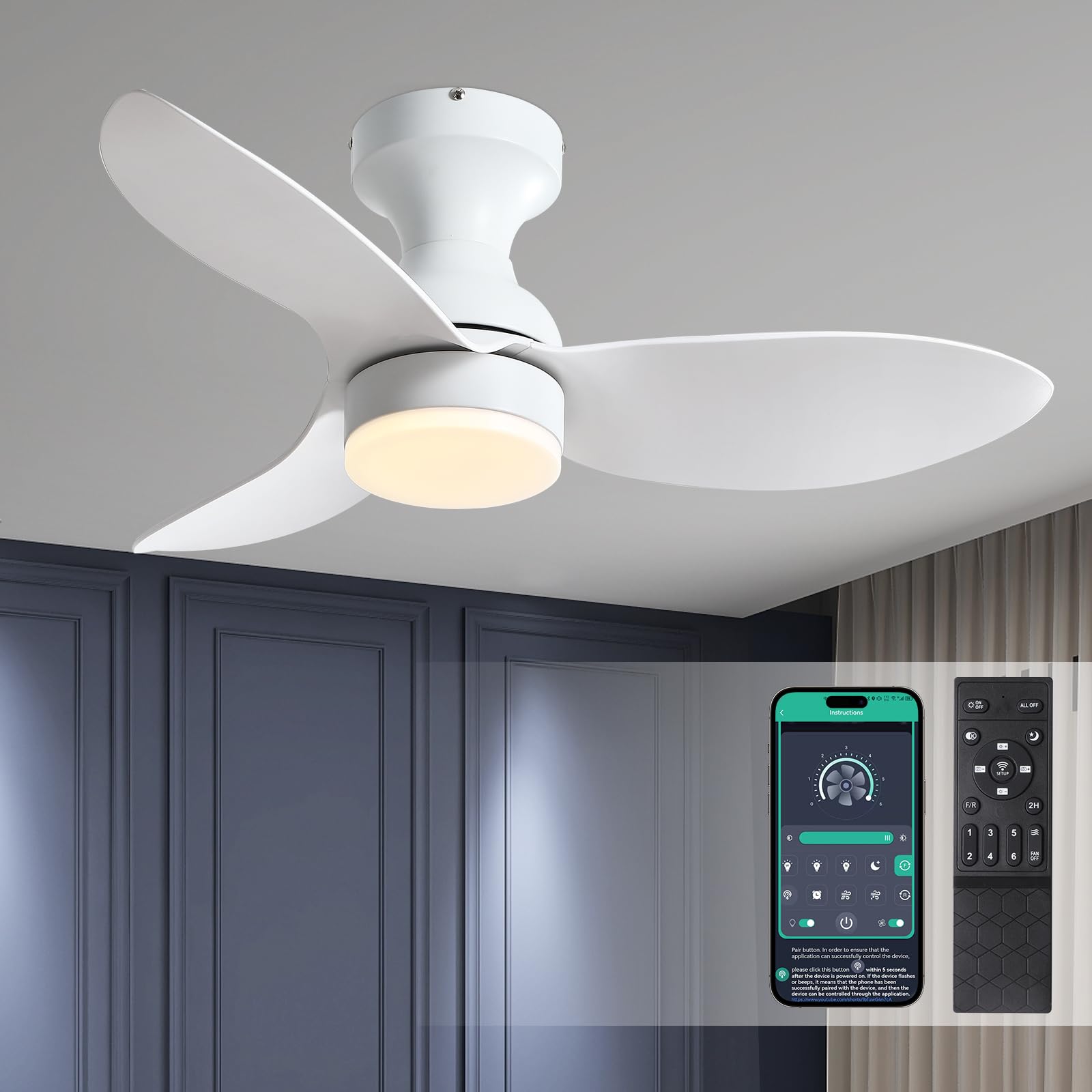 Photo 1 of Surtime Low Profile Flush Mount Ceiling Fans with Lights and Remote&APP,34in White Modern Ceiling Fans for Outdoor Patio,Small Room,Bedroom,6 Speeds Reversible,3 Colors Lights Dimmable