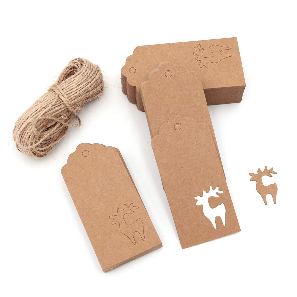 Shiwaki 100 PCS 3.7"x1.8" Elk Hollow Tags, with Hollow Elk,Rectangle Kraft Paper Hang Tags Labels Wth 65ft Jute Twine Ideal For Crafts Christmas Tags, Price Labels