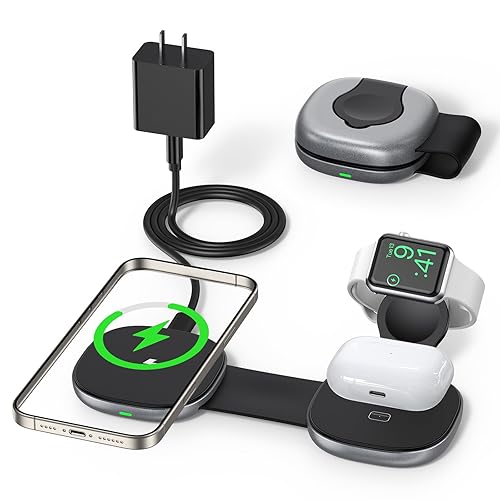3 in 1 Charging Station for Apple Devices/Wireless Charging Sation Compatible with Magsafe Charger Stand/Foldable Magnetic Travel Wireless Charger for iPhone, Apple Watch, AirPods (Square)