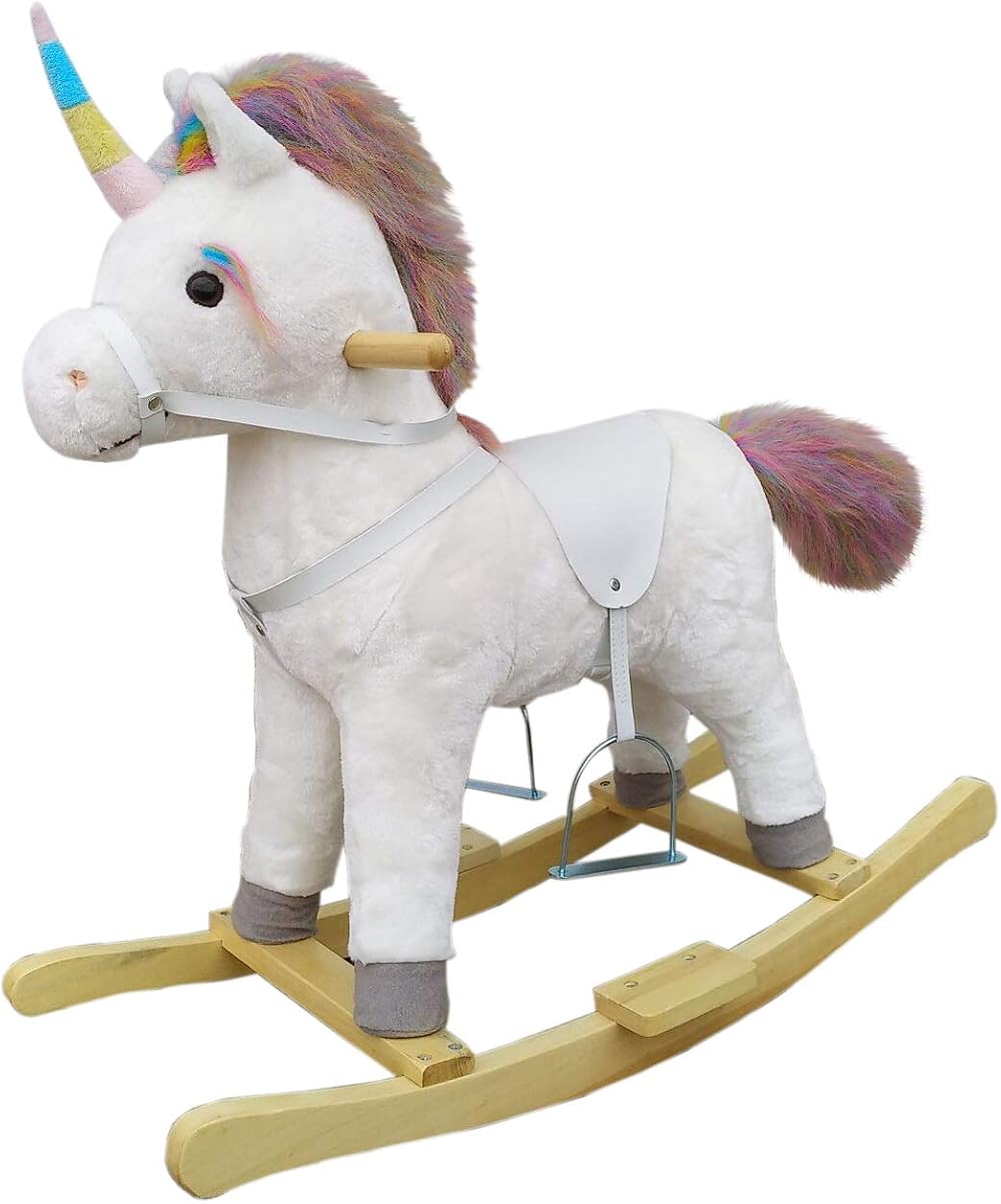 The Rocking Horse Co White Plush Rocking Unicorn Rainbow Horn Mane Sounds