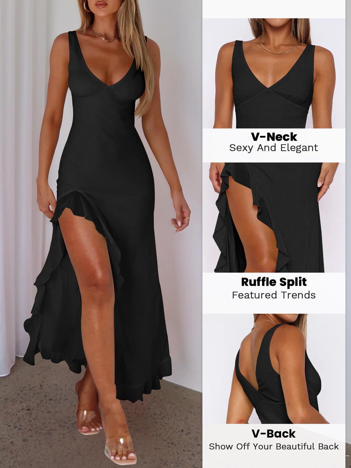 MIYIEONZ Women Sexy V Neck Sleeveless Mesh Ruffle Hem Bodycon Maxi Casual Backless High Slit Cocktail Party Dress