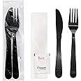 Party Essentials Individually Wrapped Heavy Duty Plastic Utensil Kits, 50 Sets for Party Catering, Fork/Knife/Napkin/Salt/Pepper, Black