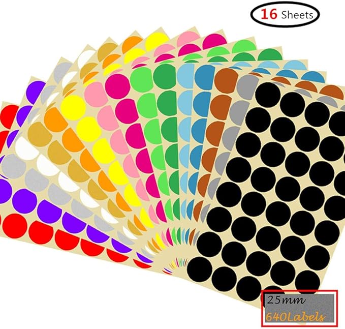 Febbya Round Dot Stickers,25mm Self Adhesive Coloured Dots 640 Small