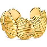 Gold Large Chunky Dainty Shell FULLY ADJUSTABLE Open Ring for Women by SNGIA, Summer Beach Handmade Adjustable Seashell Ring, Minimalist Stackable Ocean Themed Wedding Date Birthday Gift, Bold Exaggerated Irregular Wavy Trendy Ribbed Jewelry, Textured Patterned Fashion Accessories, Vintage Hammered Thick Circular Nickle Free